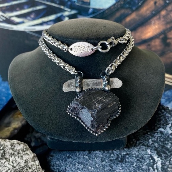 Natural black tourmaline & crystal quartz charm boho goth necklace . - Picture 2 of 14